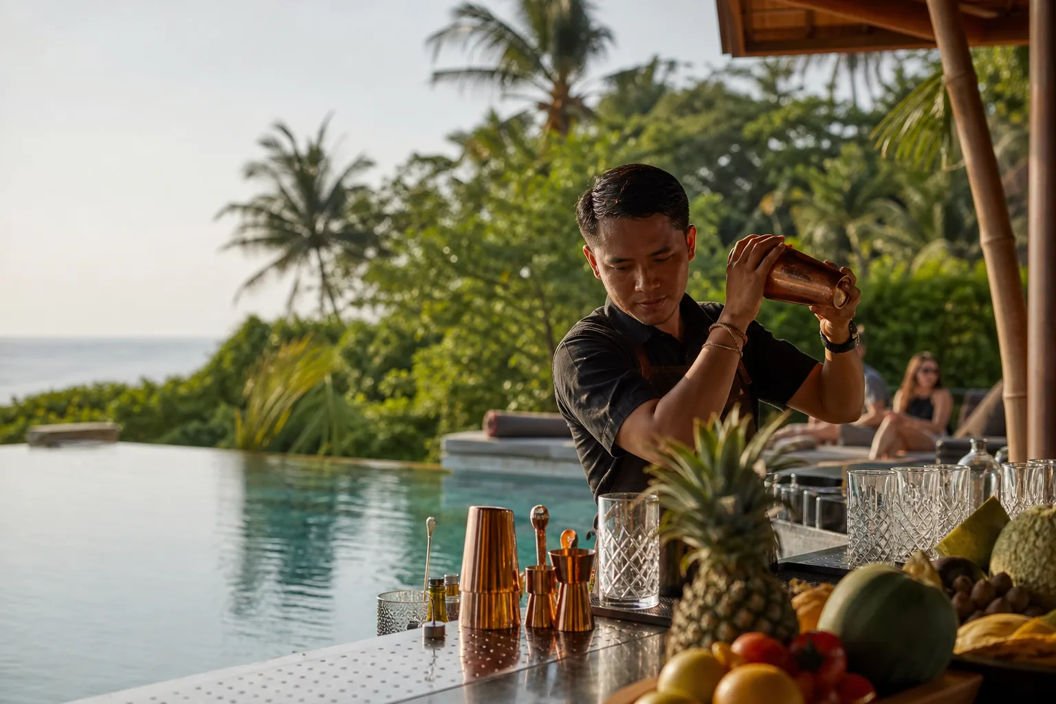 Professional bartenders preparing for a private cocktail event in Bali