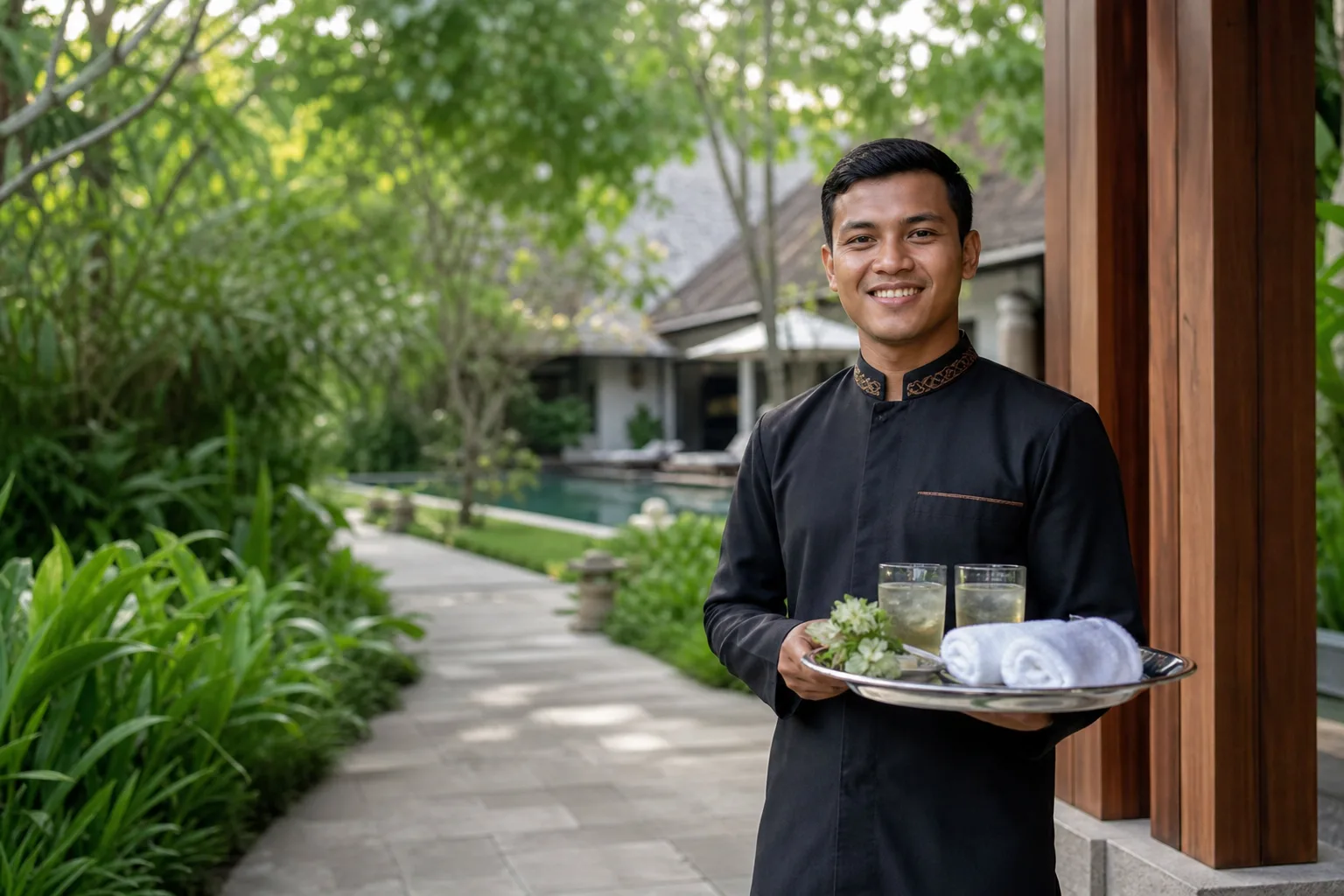 Private villa butler Bali welcoming guests at a luxury villa entrance