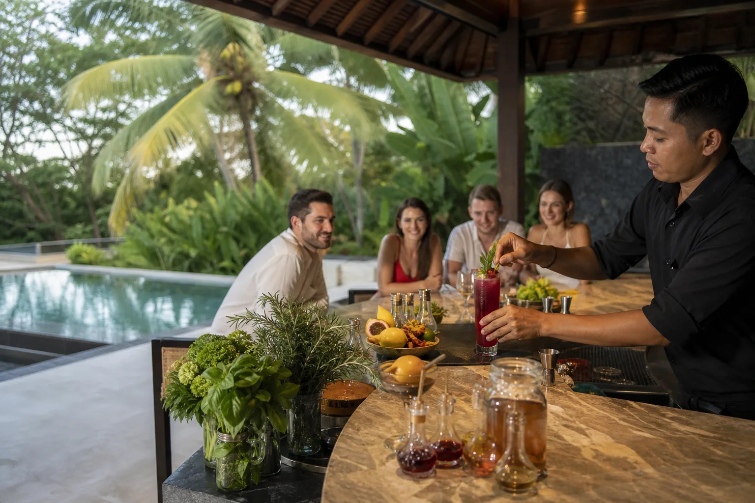 Private mixology in Bali — signature cocktail at a villa bar