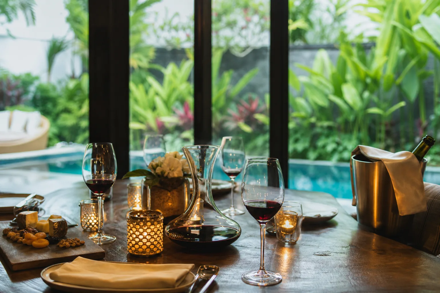 Sommelier hire Bali wine glasses and decanter on a candlelit private villa dining table