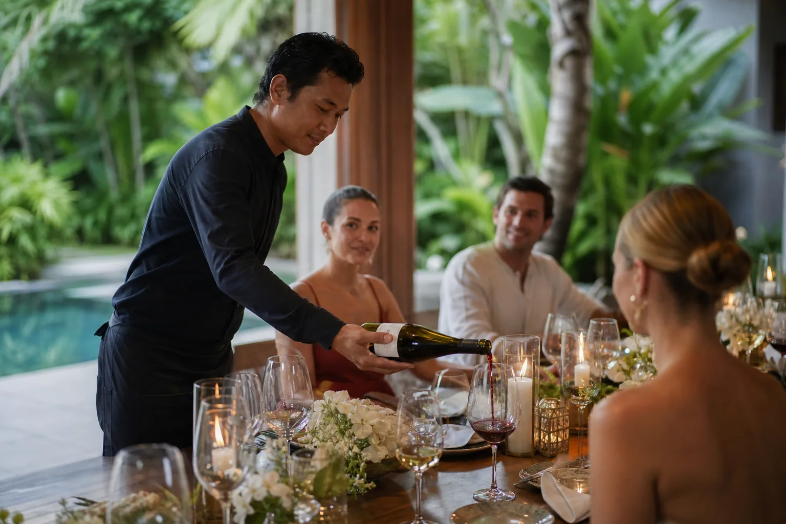 Sommelier hire Bali pouring wine at a candlelit private villa dinner table