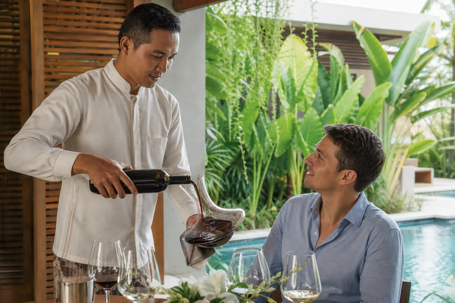 Sommelier hire Bali decanting wine at a private villa