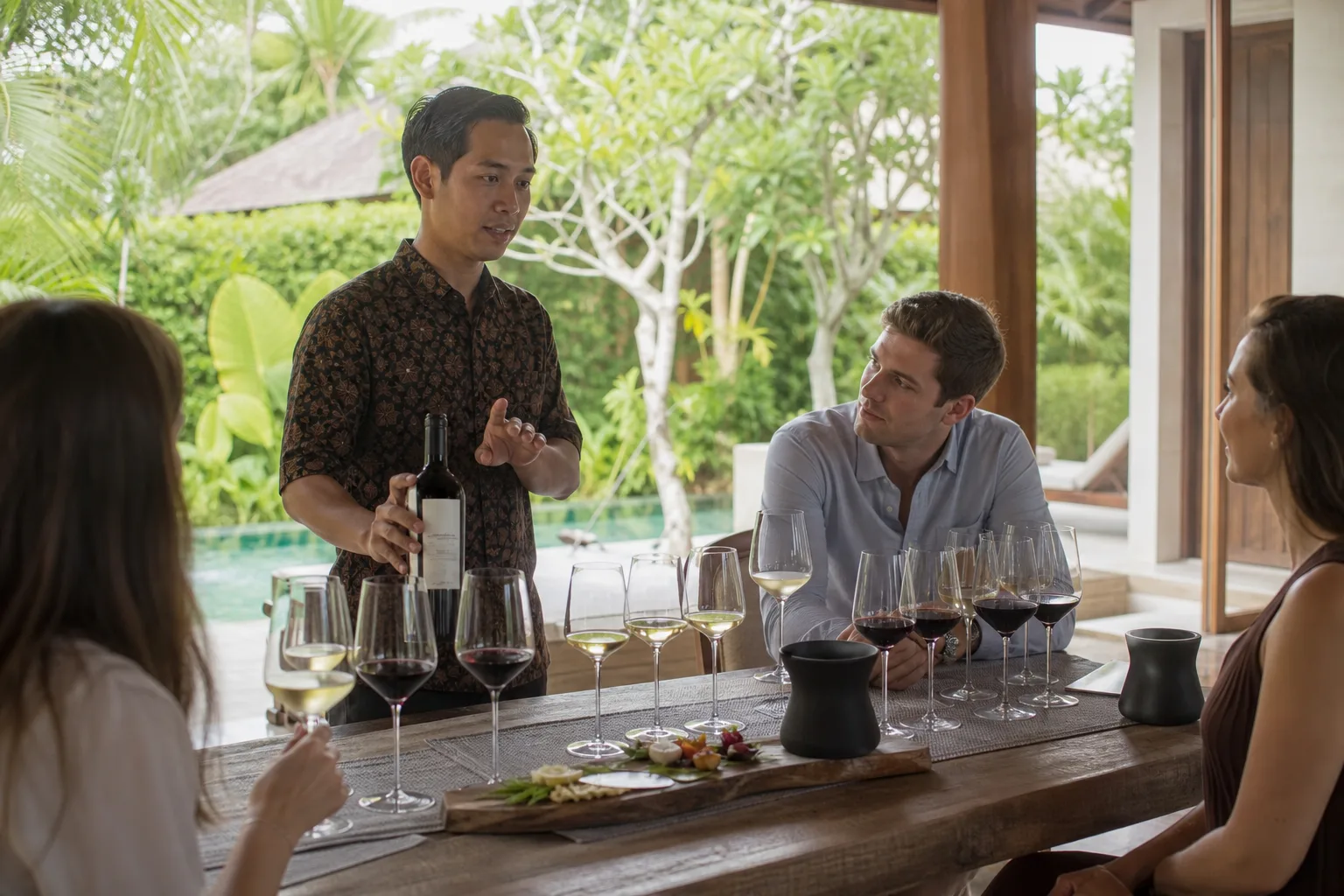 Sommelier hire Bali guiding a wine tasting on a private villa terrace