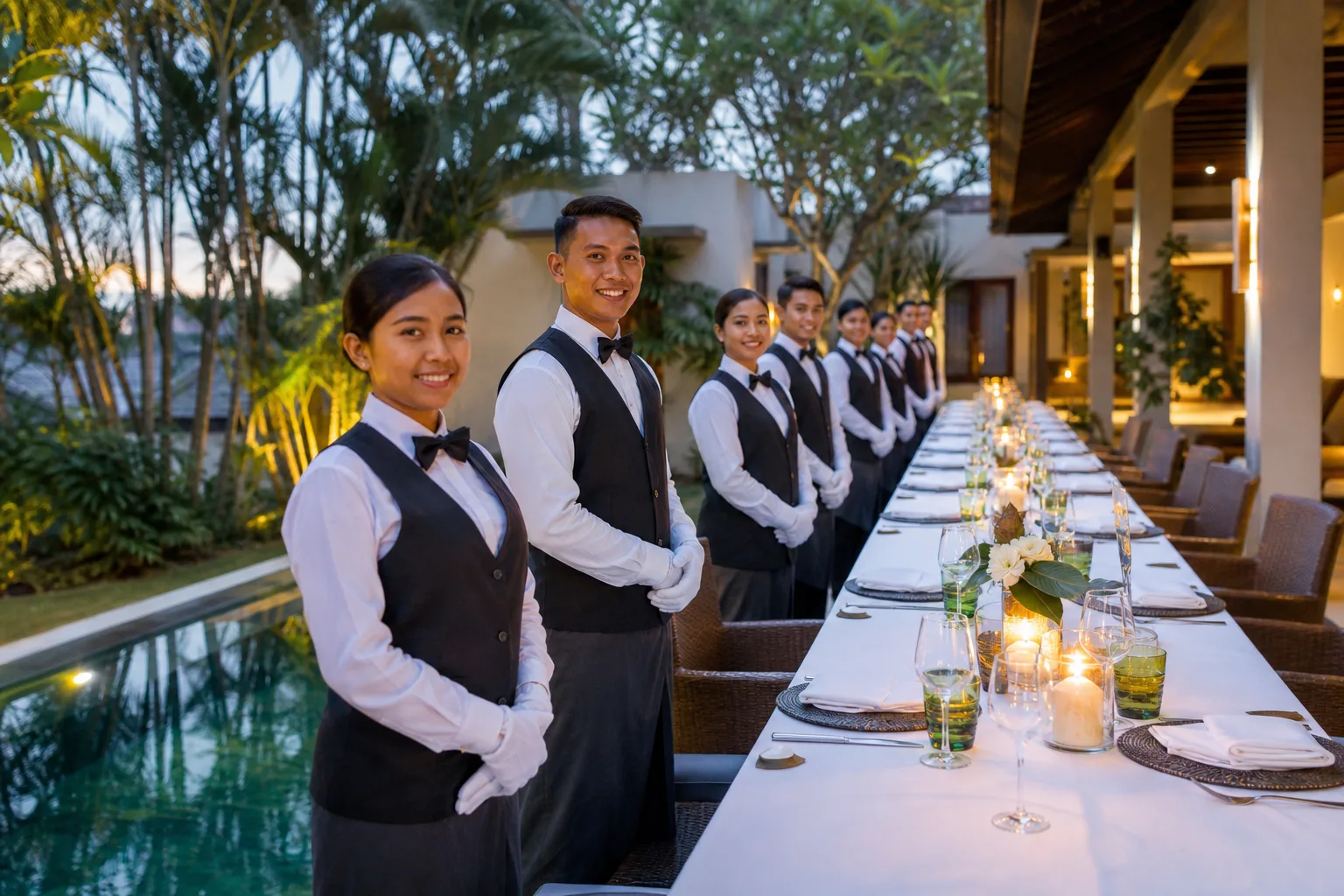 Villa waiters Bali beside a beautifully set private dining table