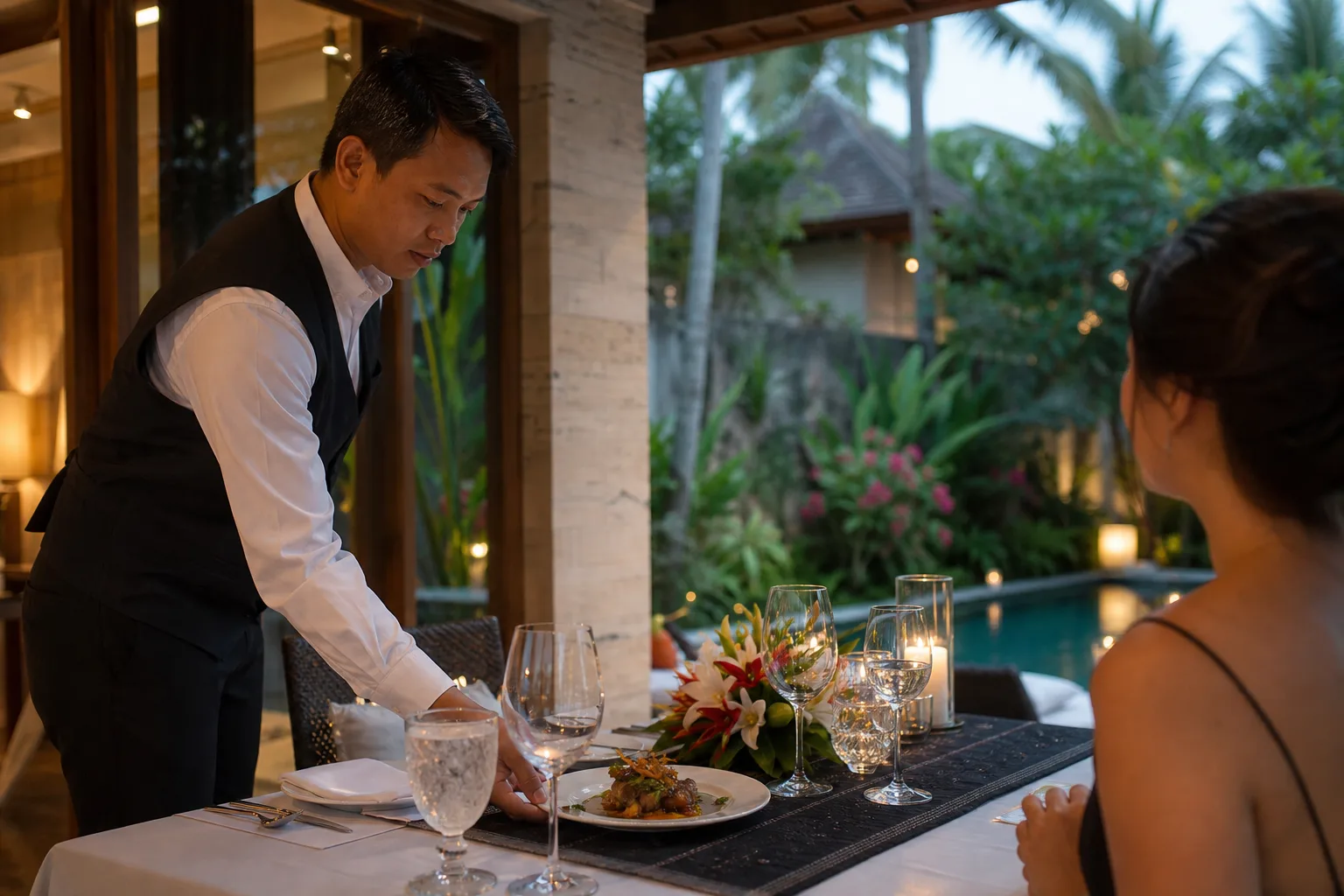 Villa waiter in Bali placing a fine dining plate on a candlelit private dining table