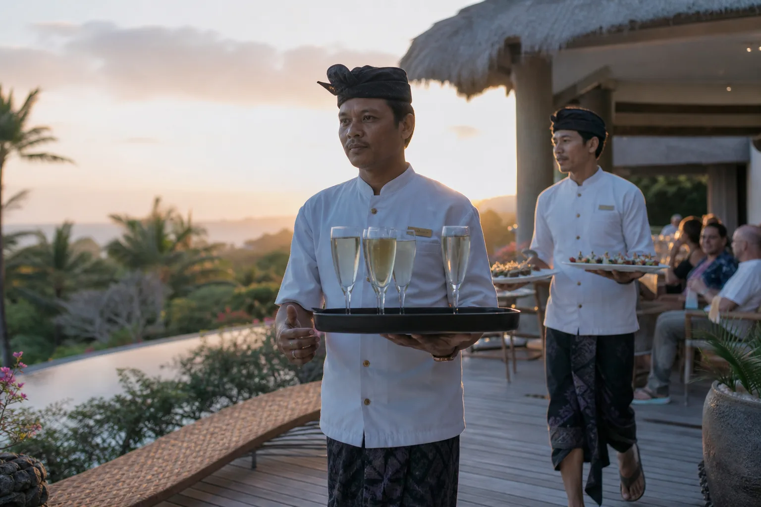 Villa waiters in Bali carrying champagne and canapés to guests by a private pool