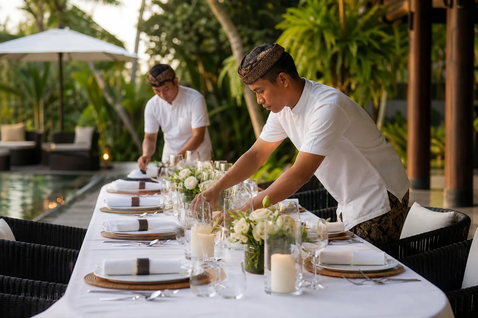 Villa waiters in Bali setting an elegant long dining table on a private terrace