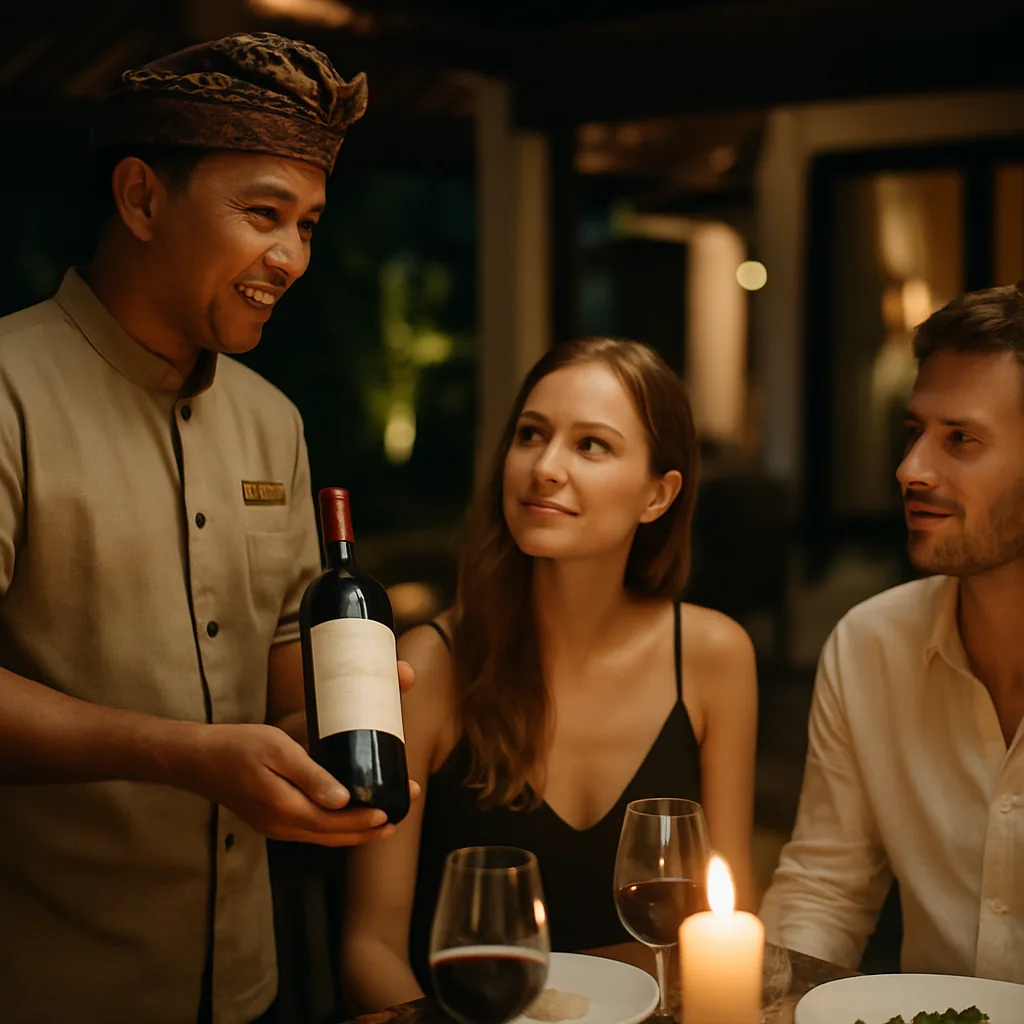 Balinese sommelier presenting wine to guests at a Bali villa dinner