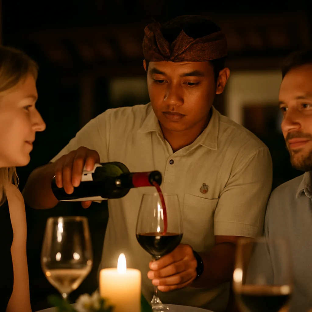 Balinese sommelier pouring wine at a candlelit Bali villa table