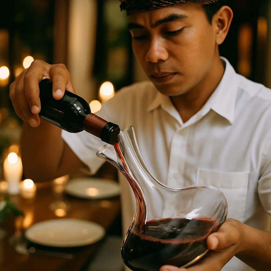 Balinese sommelier decanting wine at a Bali villa