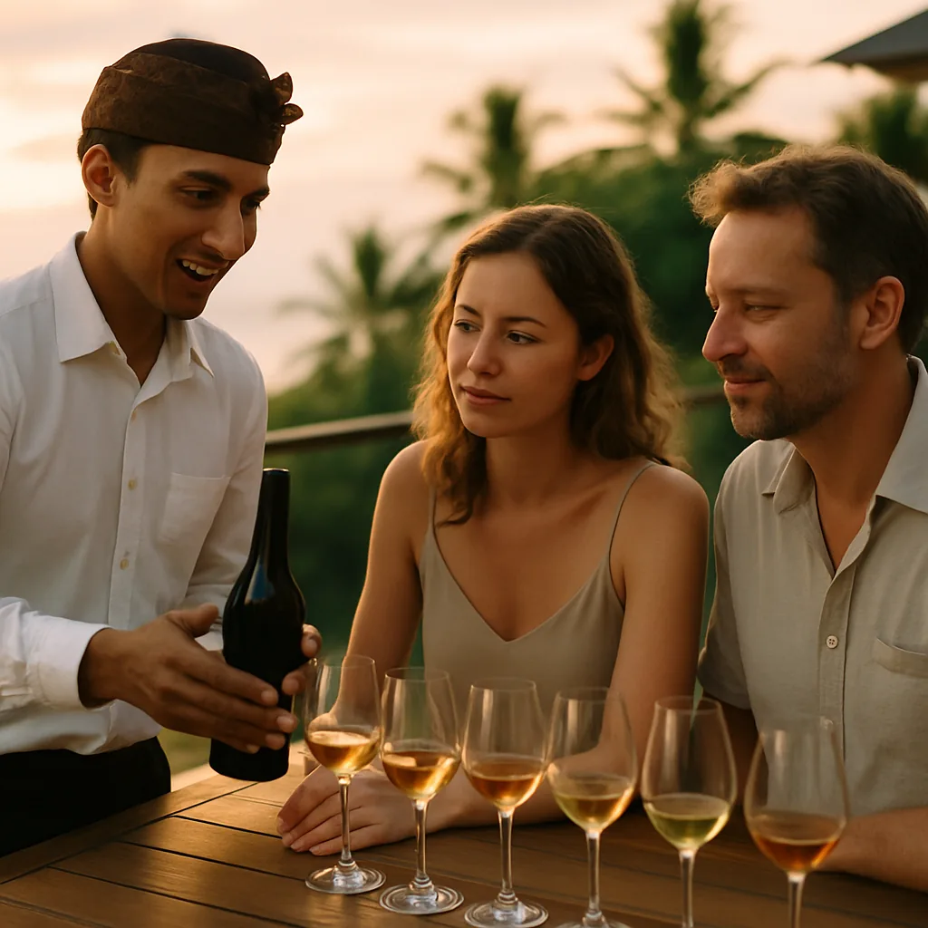 Balinese sommelier guiding a wine tasting on a Bali villa terrace