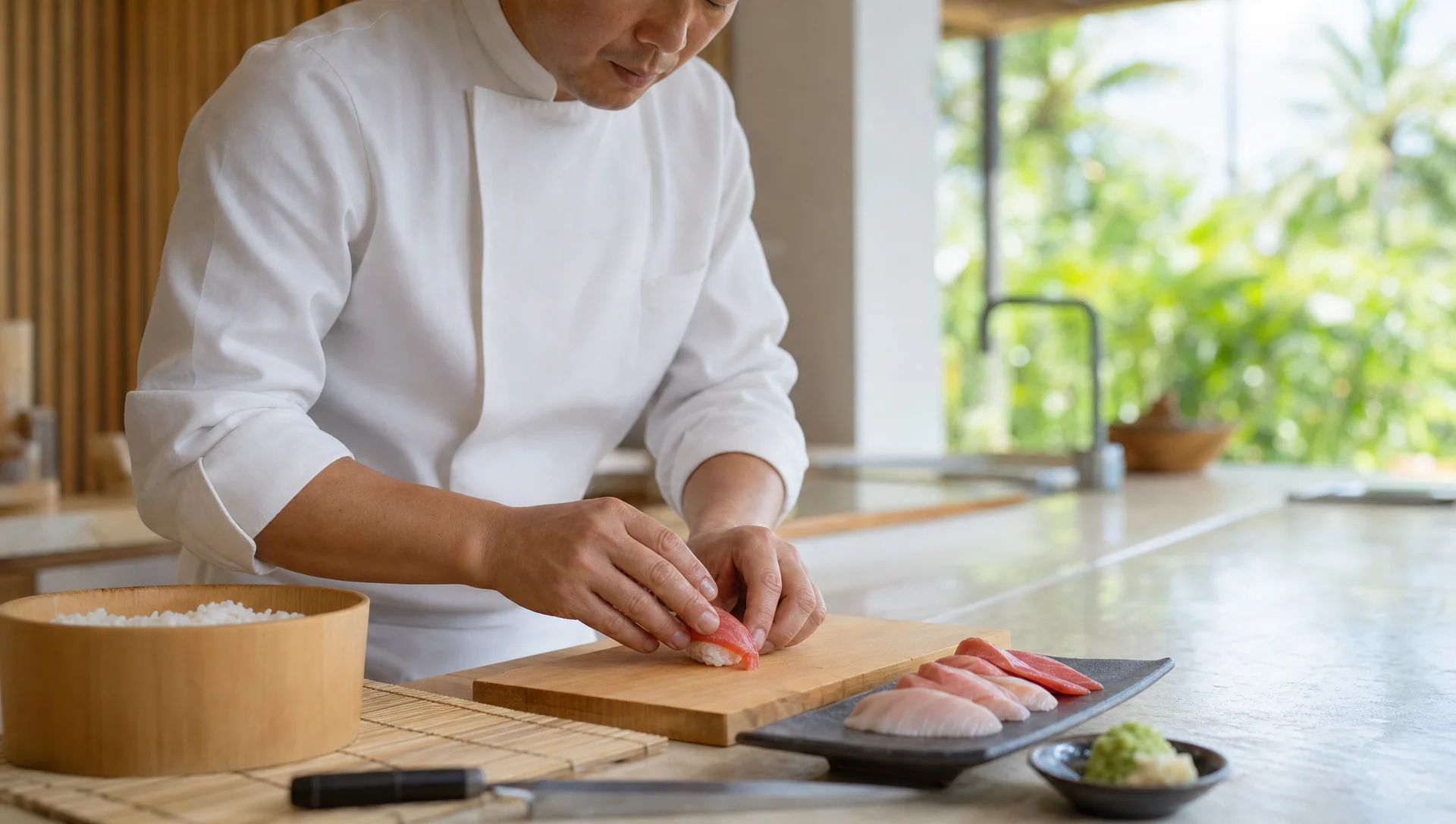 Sushi making class Bali with a chef teaching in a private villa kitchen