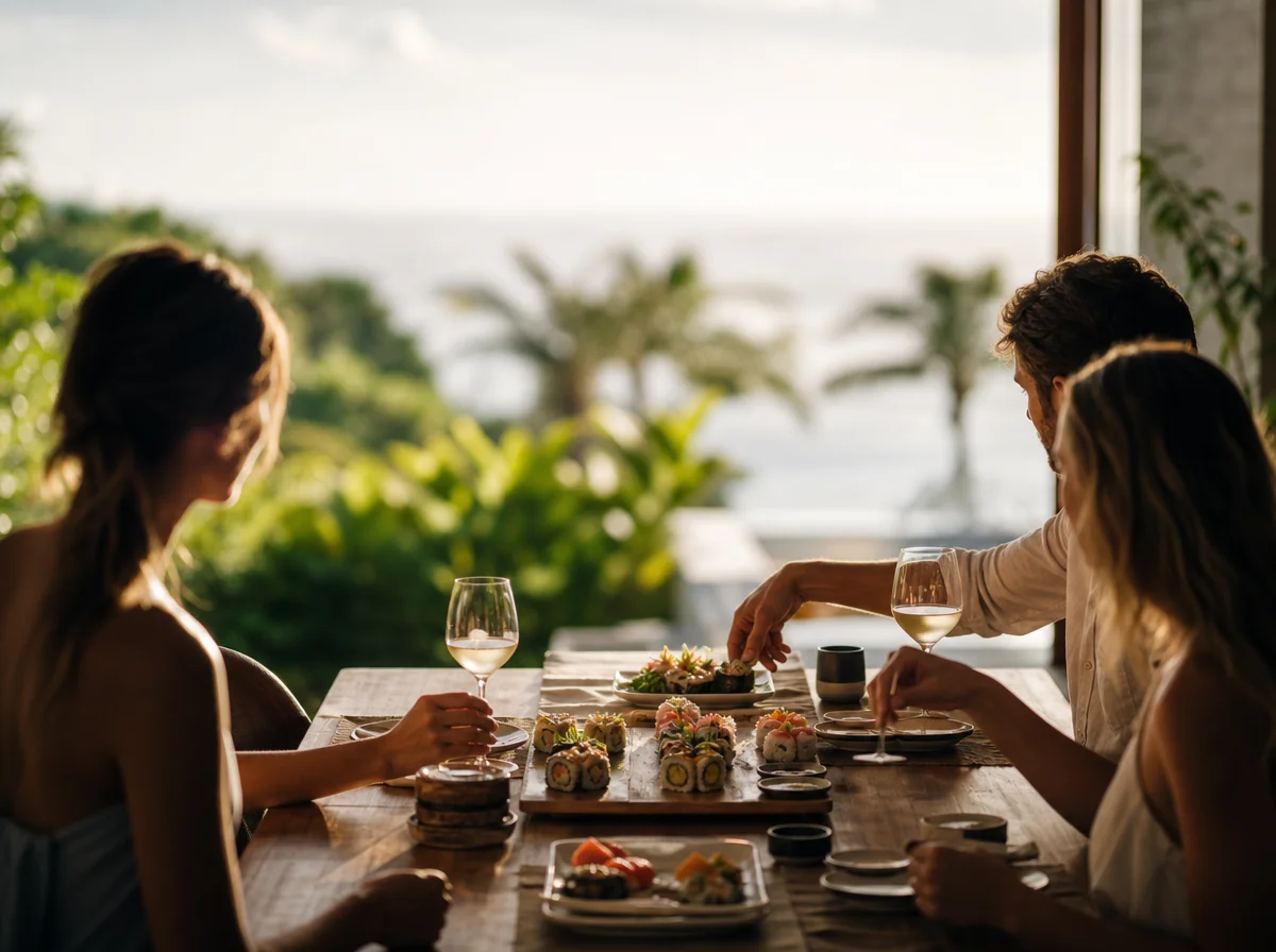 Guests enjoying a private sushi making class at a Bali villa