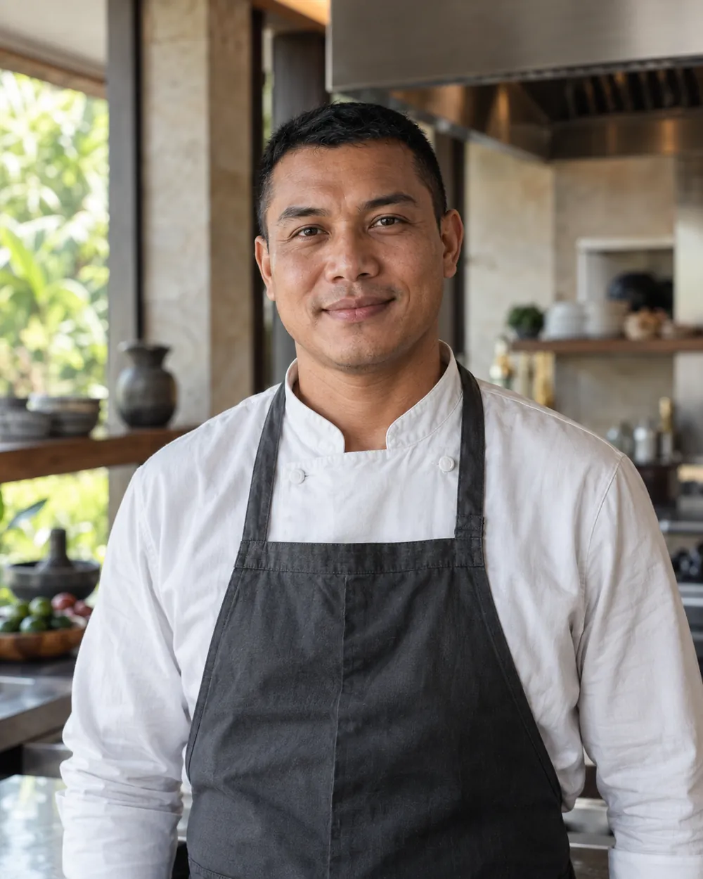 Illustrative portrait: Bayu Pranata — grill and Wagyu lead chef at myCHEF private dining, Bali