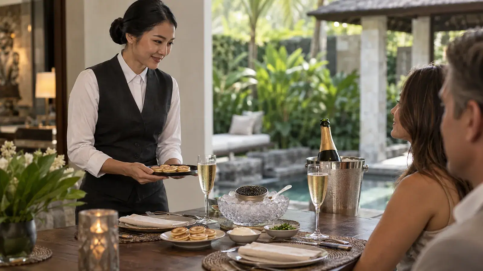 Indonesian service host presenting caviar and champagne at a private villa