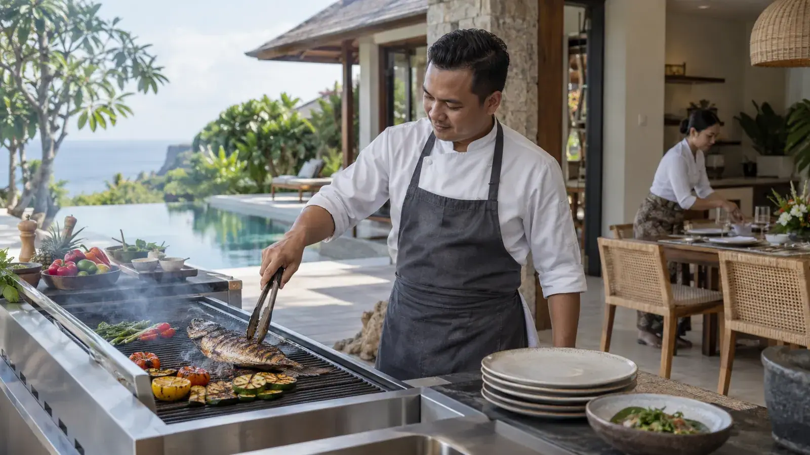 Private chef steak dinner with whiskey service at a Bali villa table