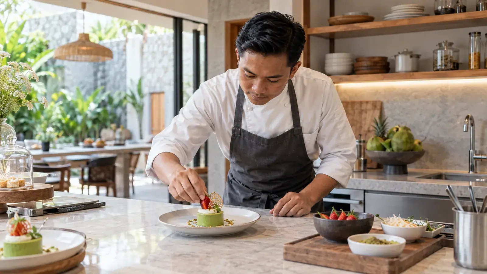 Professional Indonesian pastry chef preparing dessert service