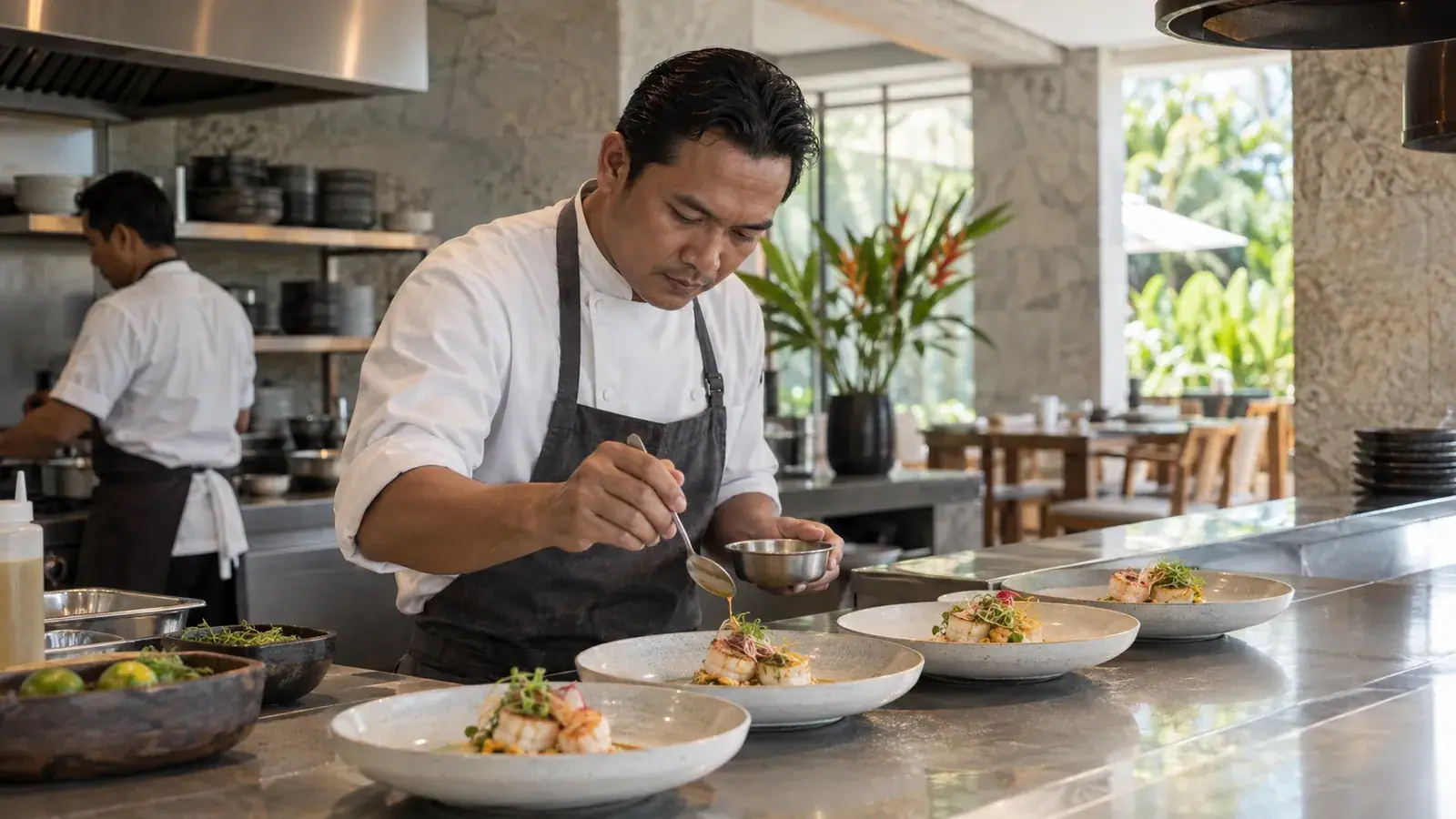 Professional Indonesian chef carefully plating a fine dining course