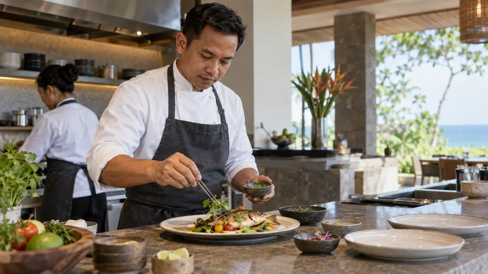 Professional Indonesian chef preparing seafood for private dining