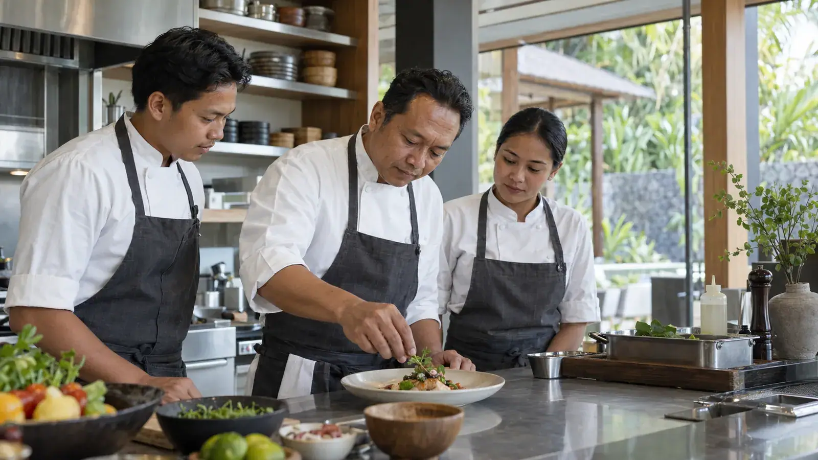 Indonesian chefs sharing professional kitchen techniques during training
