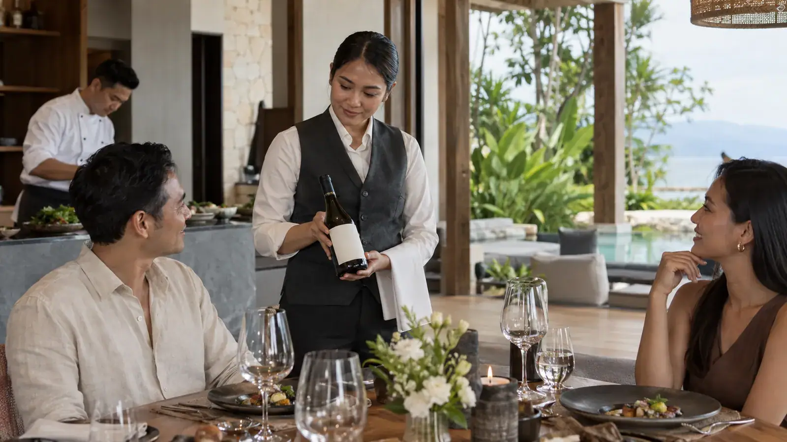 Professional Indonesian sommelier presenting wine service