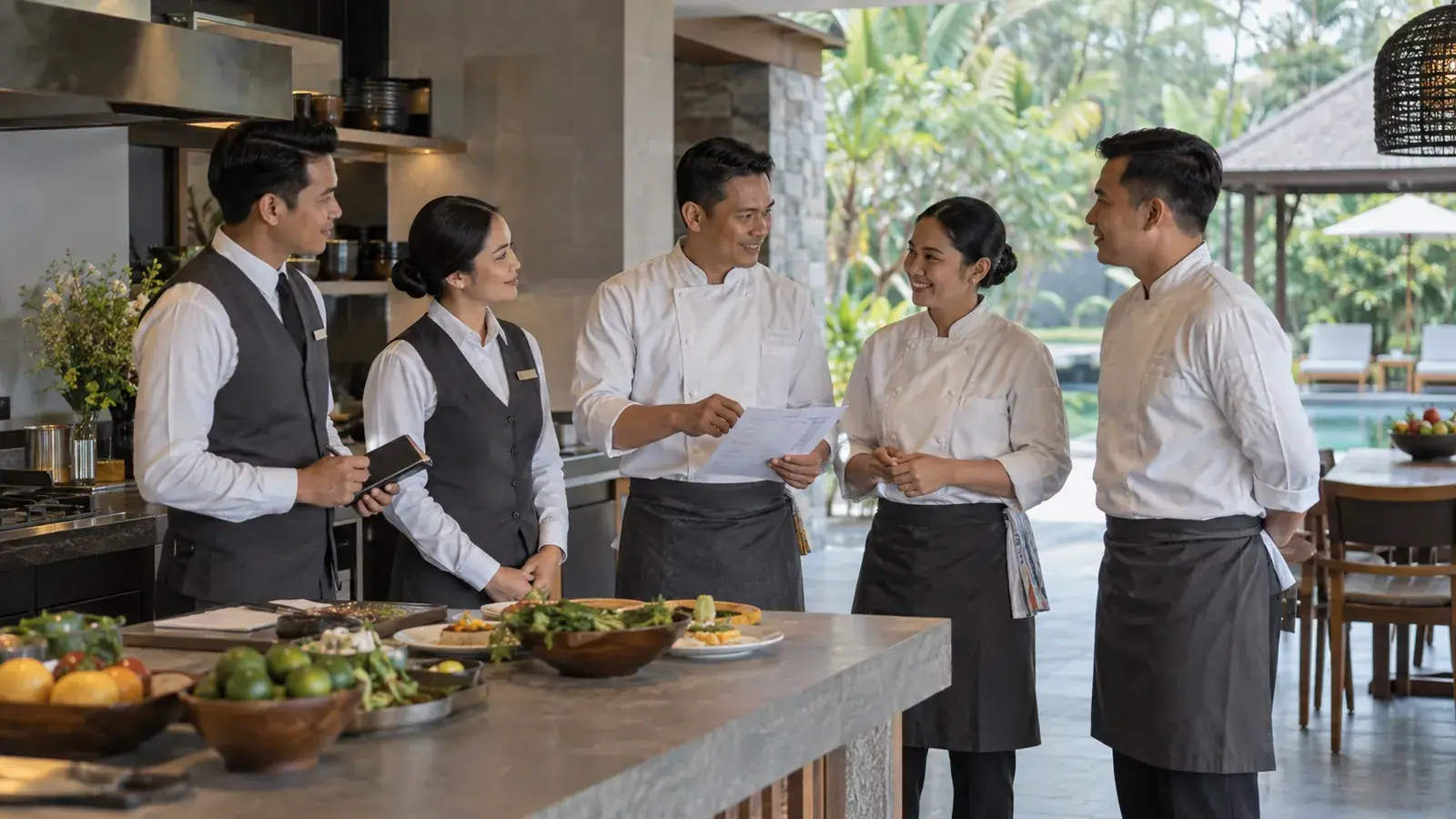 Indonesian hospitality team reviewing the service plan before an event