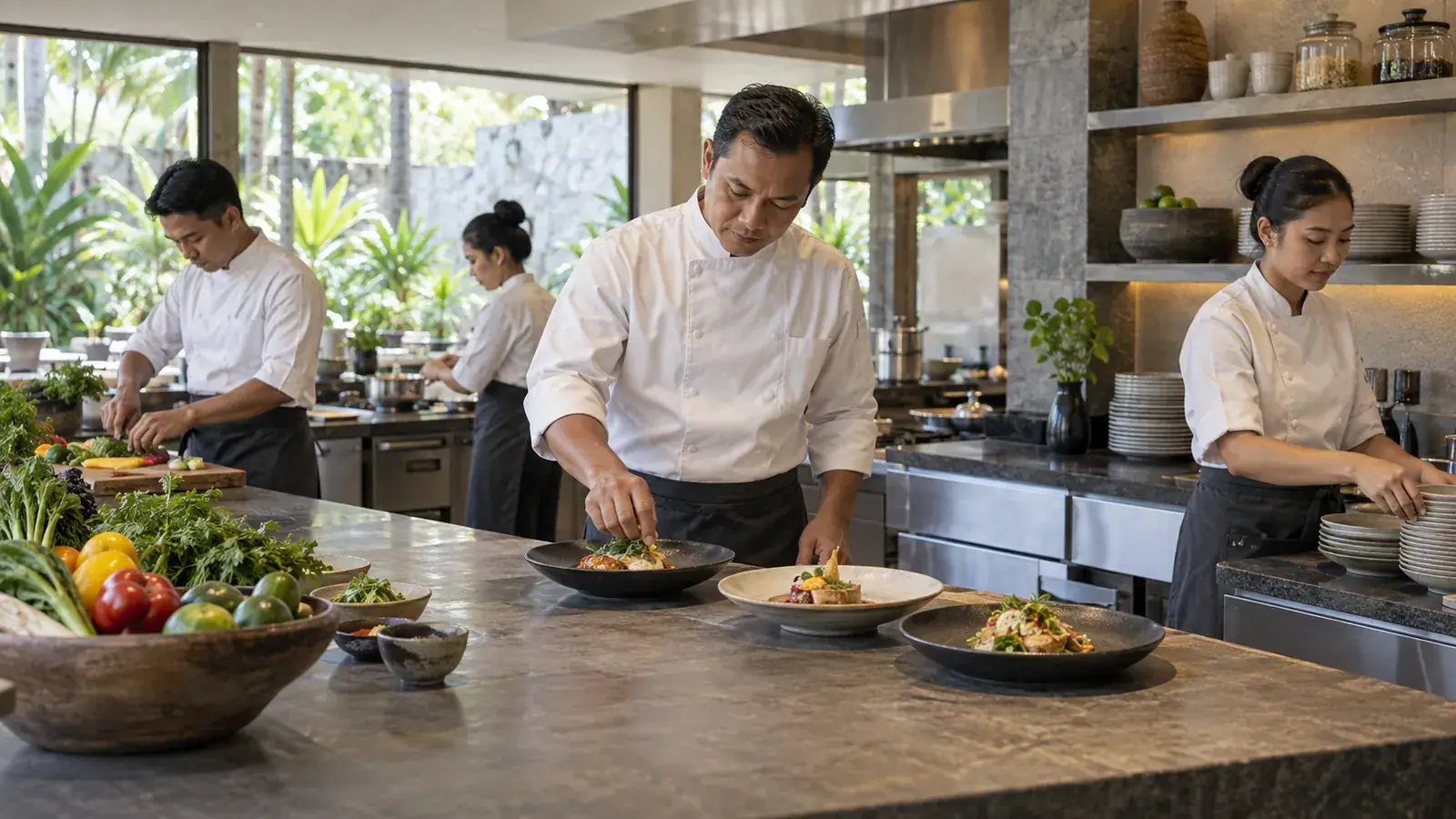 Indonesian culinary team preparing dishes in a professional kitchen