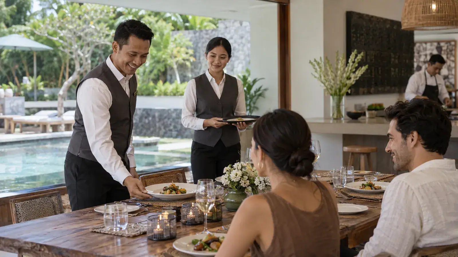Professional Indonesian waiter providing attentive private dining service