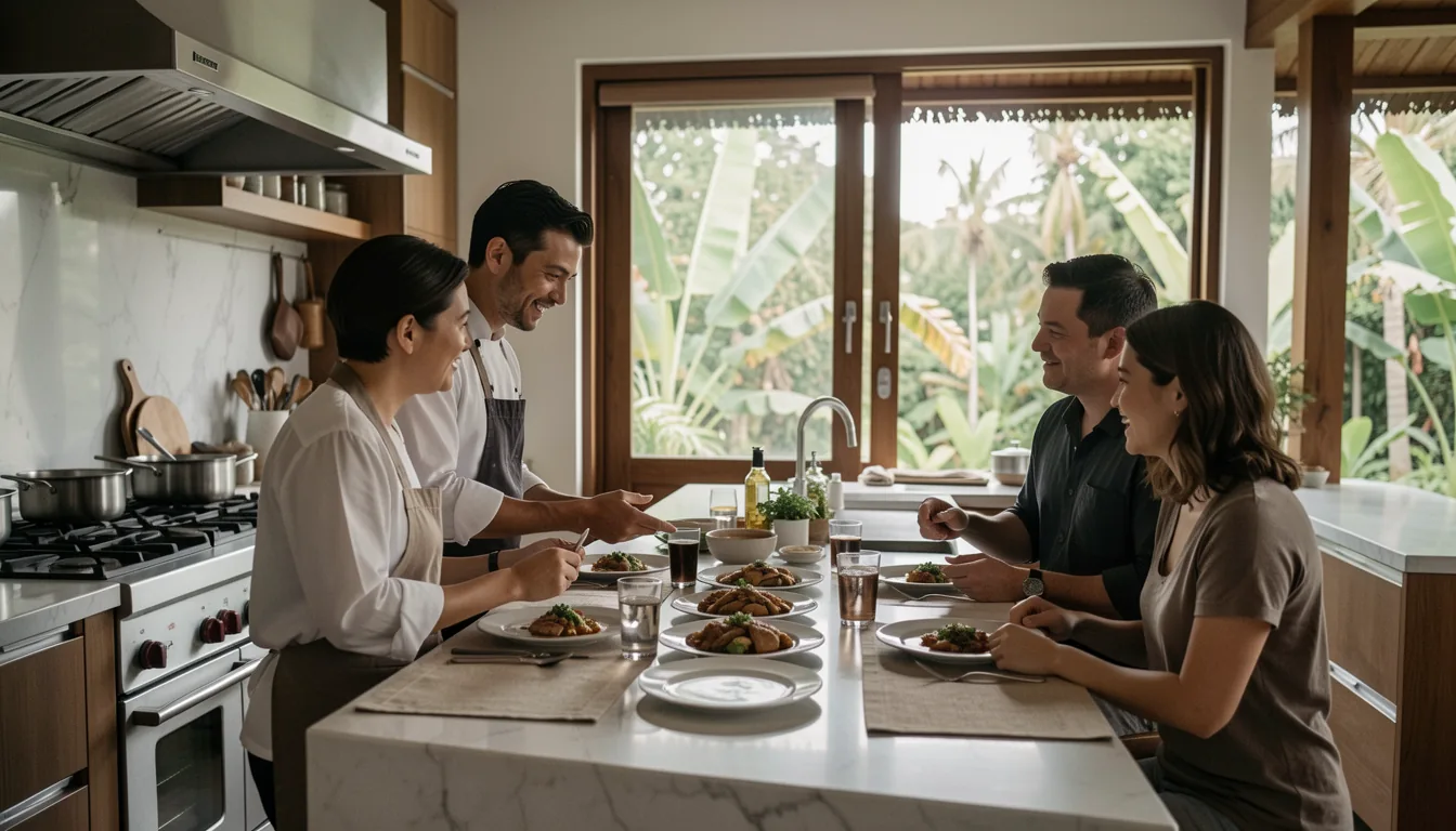 Indonesian chef discussing a menu with guests in a private Bali villa — myCHEF