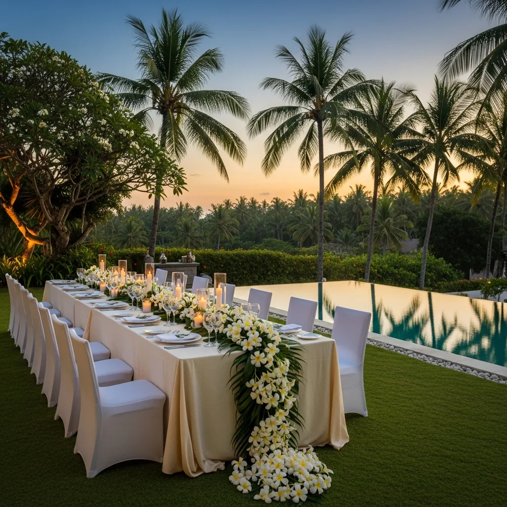 Long banquet table with floral runners and candles set for a private event on a Bali villa lawn at dusk