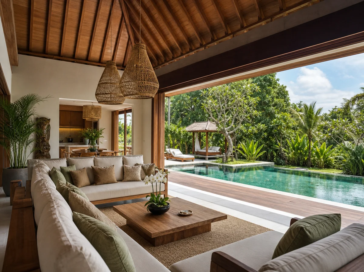 Open-plan living room of a luxury Bali villa prepared for guests