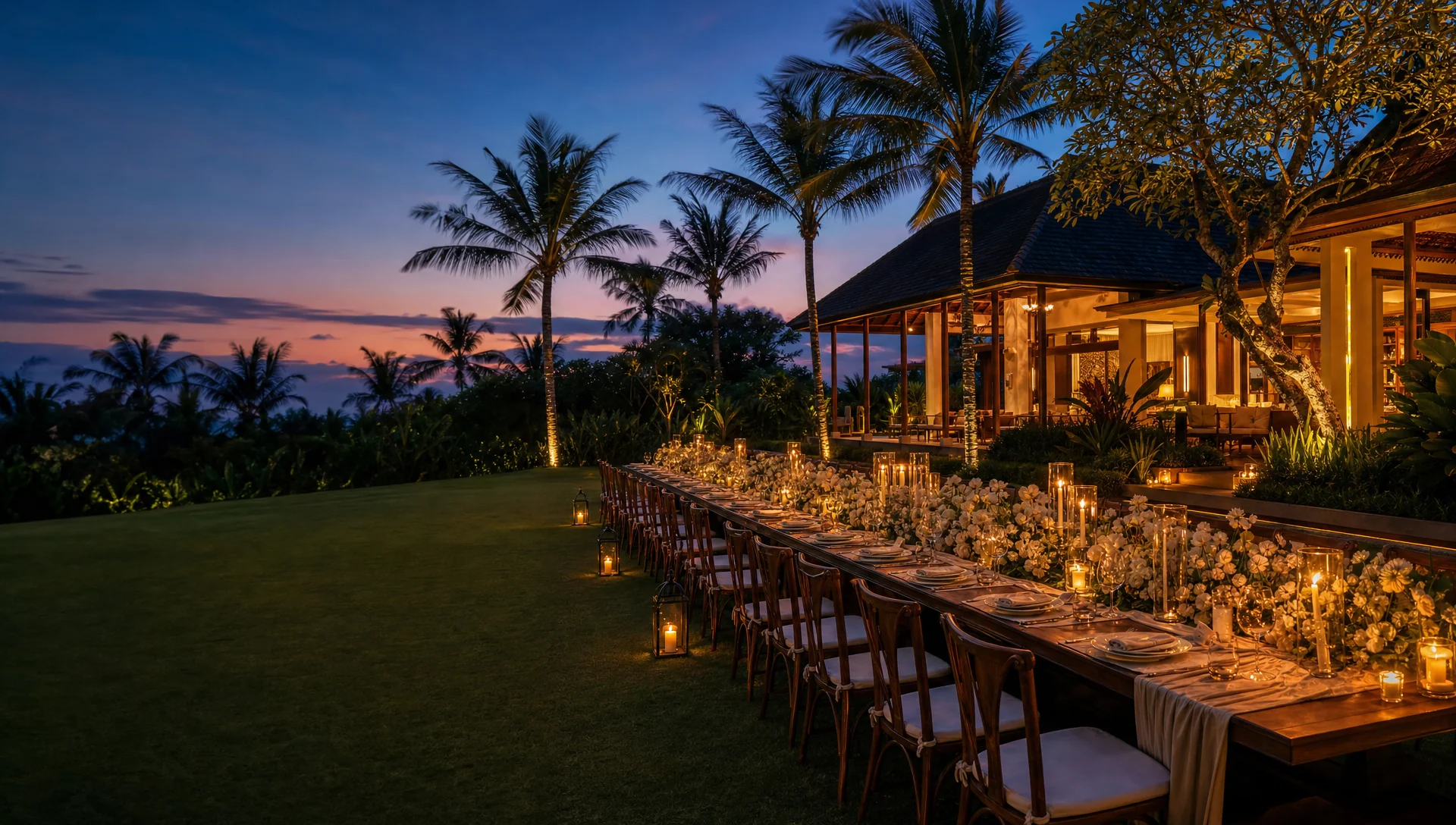 Long banquet table with floral runners and candles set for a private event on a Bali villa lawn at dusk