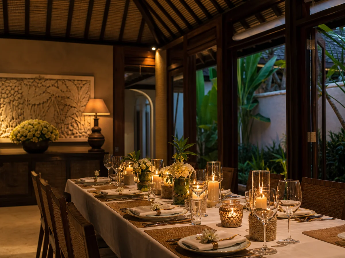 Candlelit private chef dinner table set inside a Bali villa