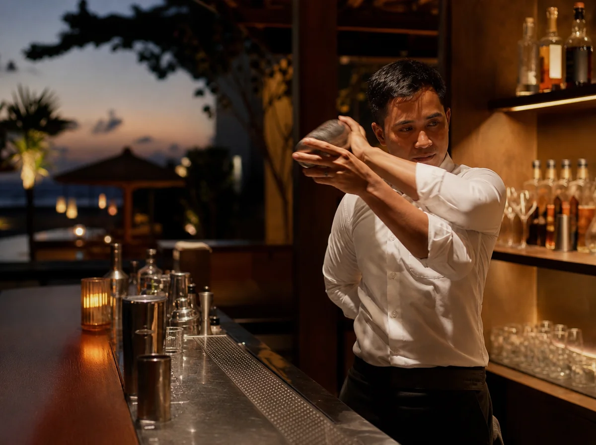 myCHEF mixologist preparing craft cocktails at a Bali villa bar