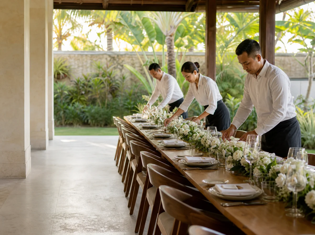Uniformed myCHEF service team setting a long dinner table at a Bali villa