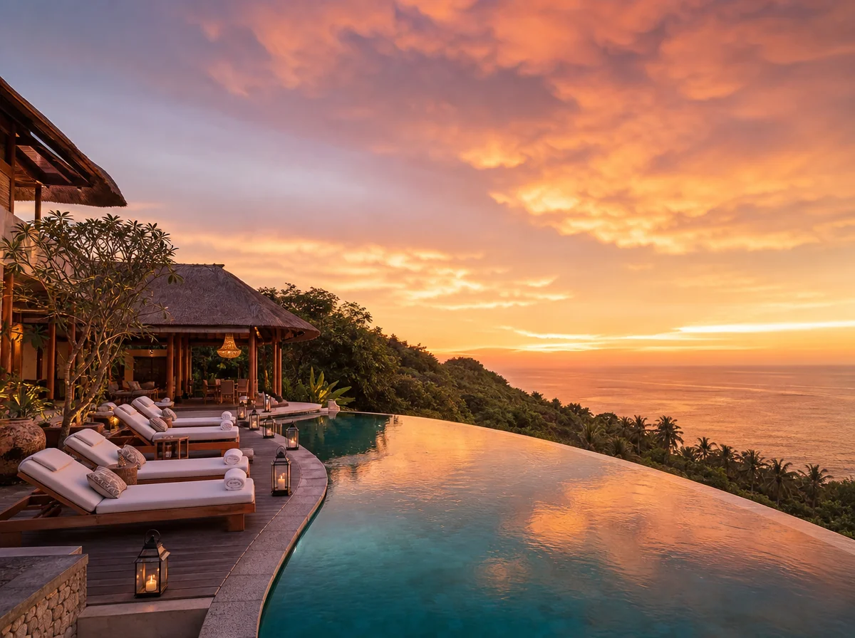 Infinity pool overlooking the Bali coast at sunset, illustrating luxury villa living