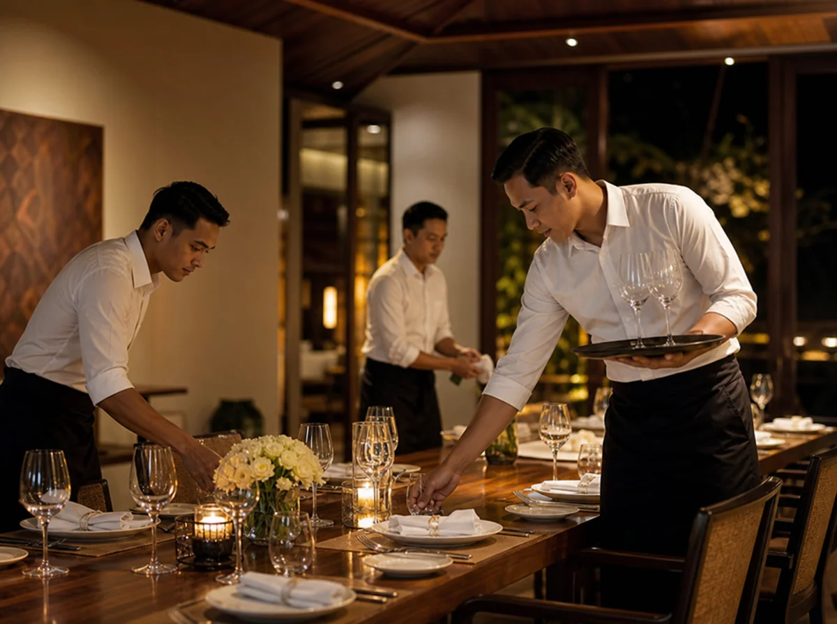 Uniformed myCHEF waiters providing polished in-villa service at a Bali villa