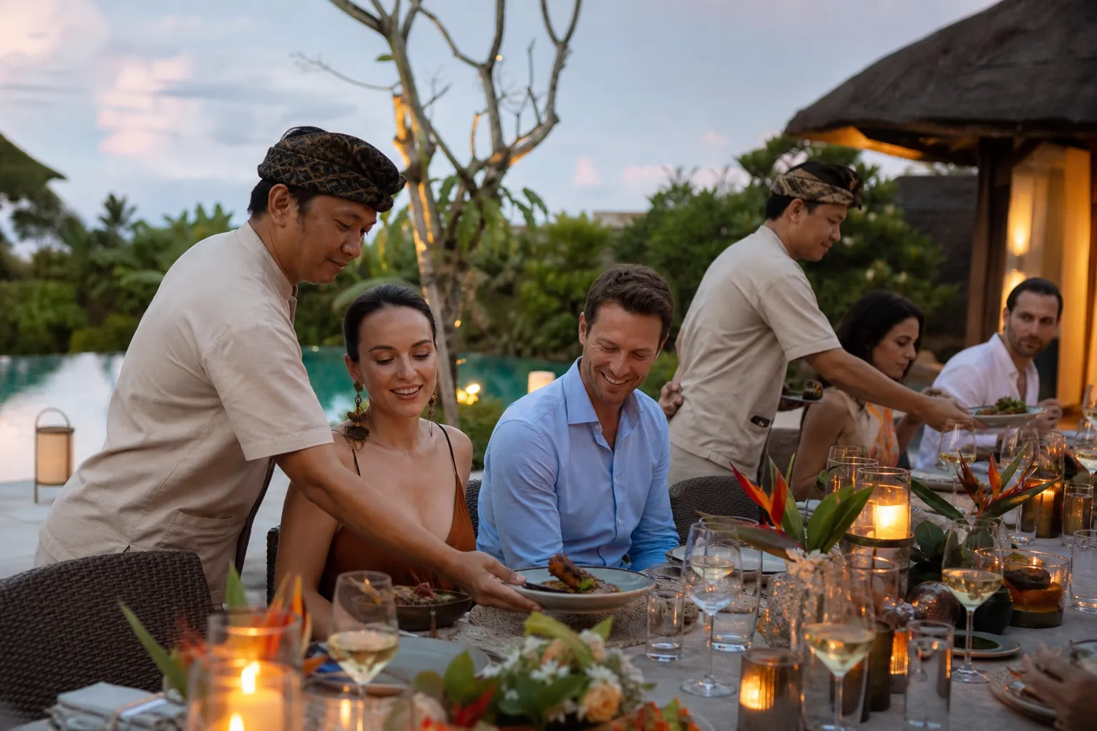 Waiters serving a private chef dinner beside a Bali villa pool