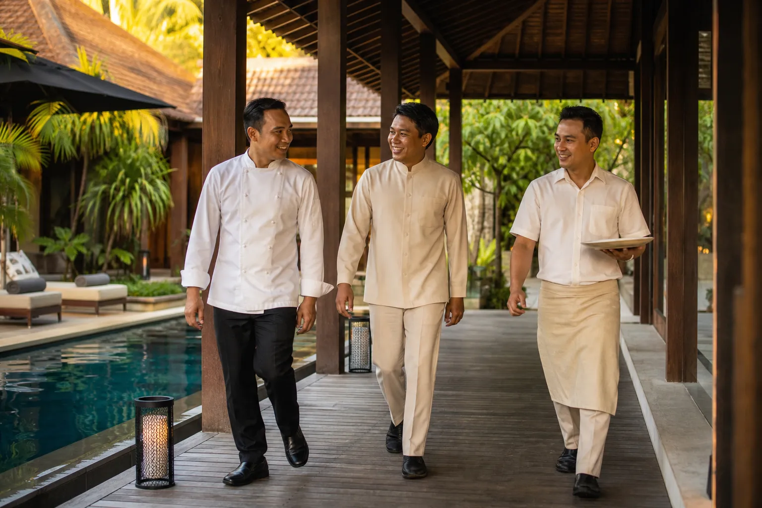 Chef, butler and waiter walking a covered walkway at a Bali villa