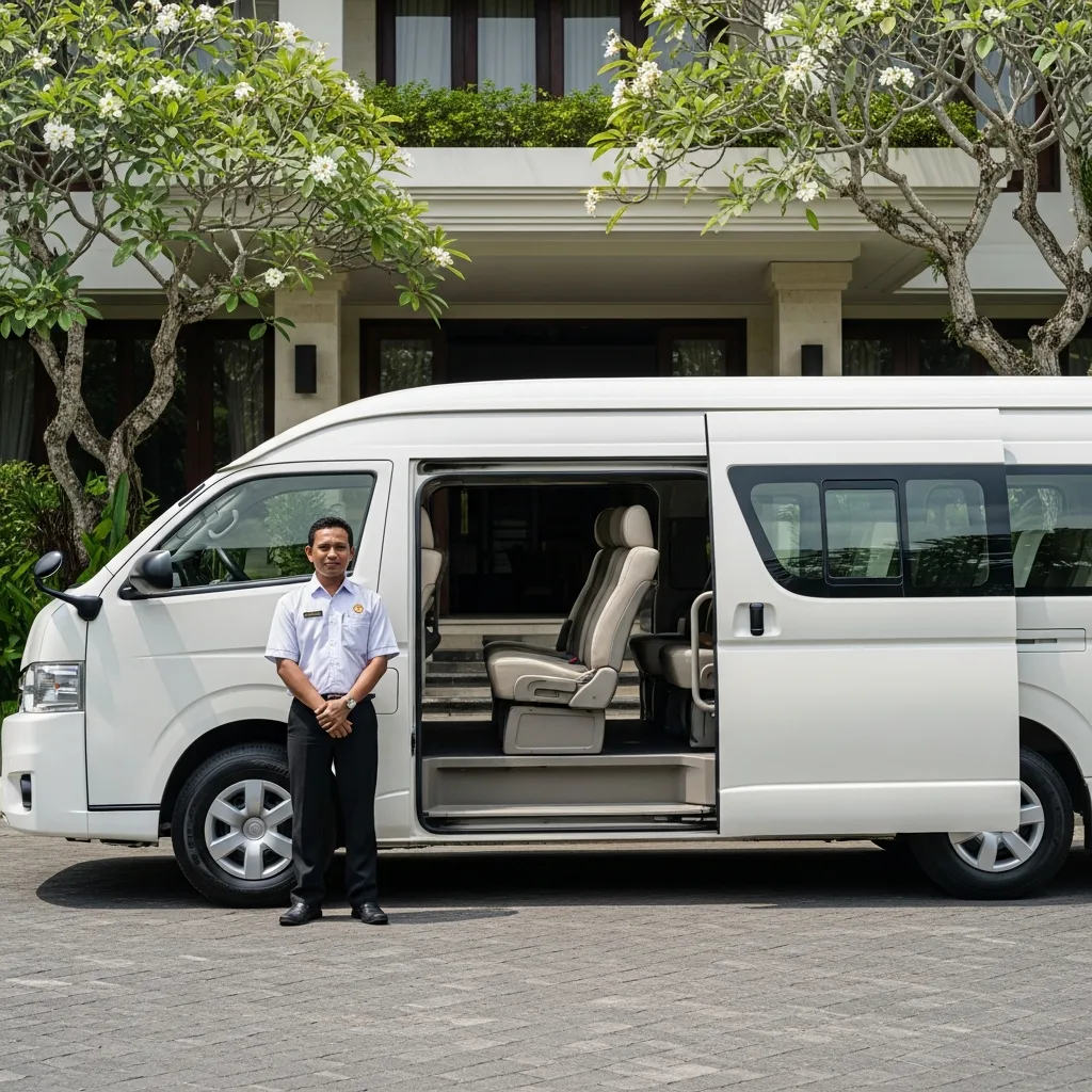 Uniformed myCHEF driver beside a white air-conditioned minibus with open sliding door at a Bali villa