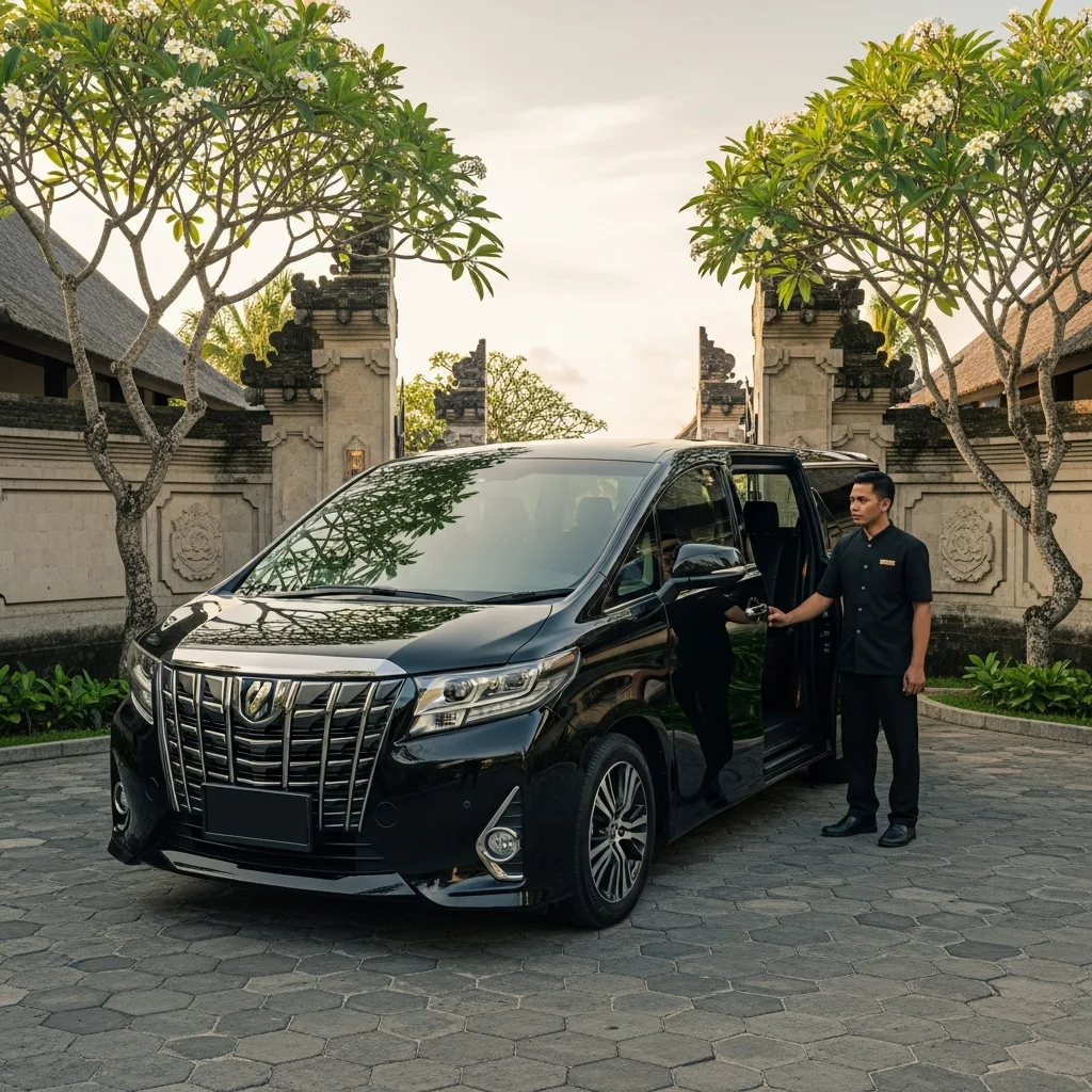Uniformed myCHEF chauffeur opening the door of a black luxury VIP van at a Bali villa entrance