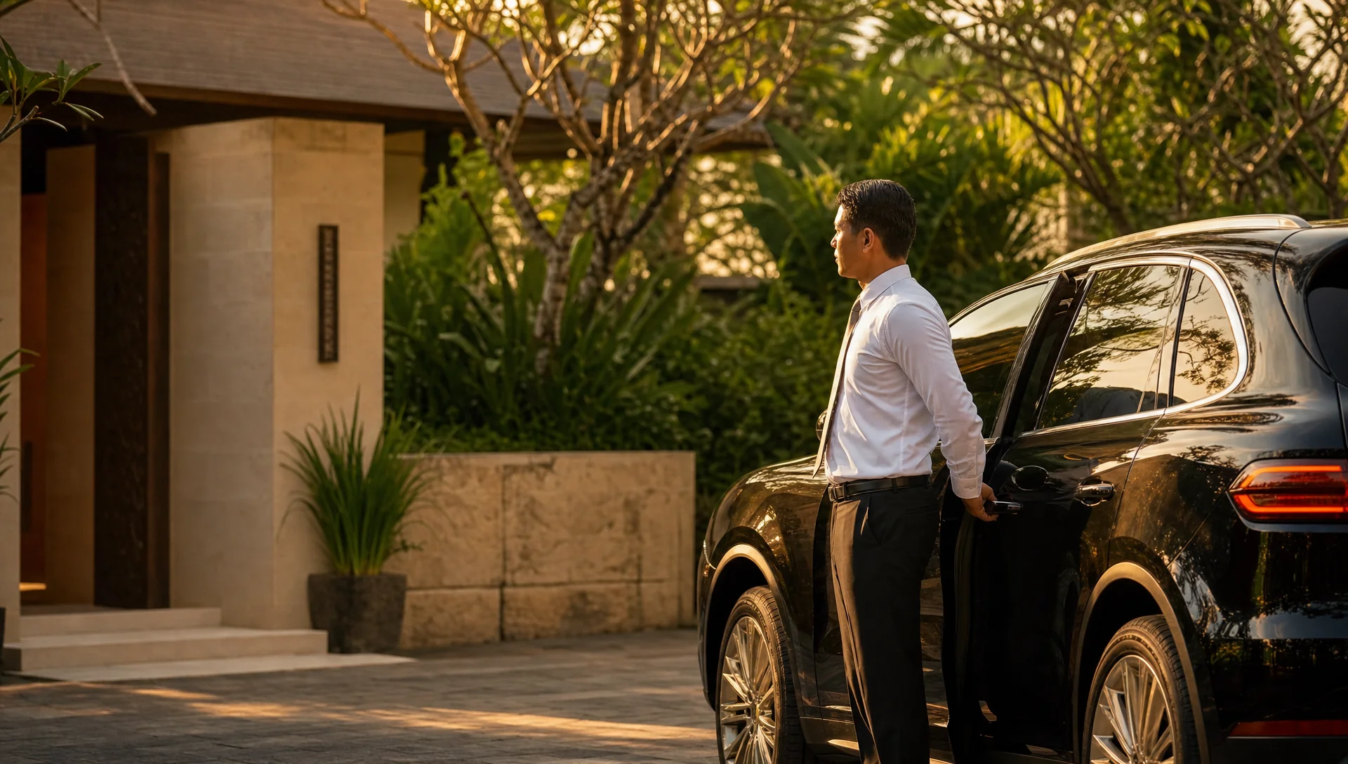 Uniformed myCHEF chauffeur opening the door of a black luxury VIP van at a Bali villa entrance