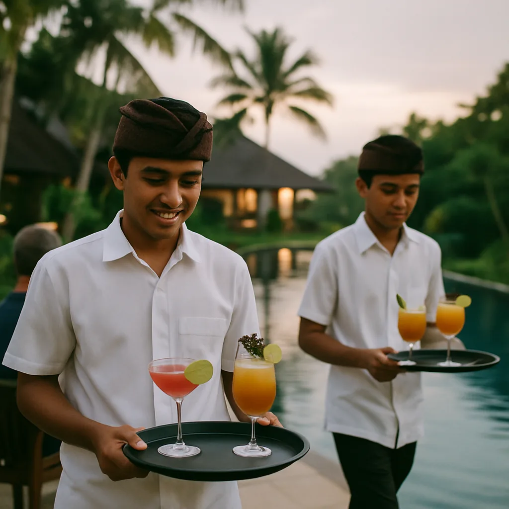 Balinese waiters carrying drinks to guests by a Bali villa pool