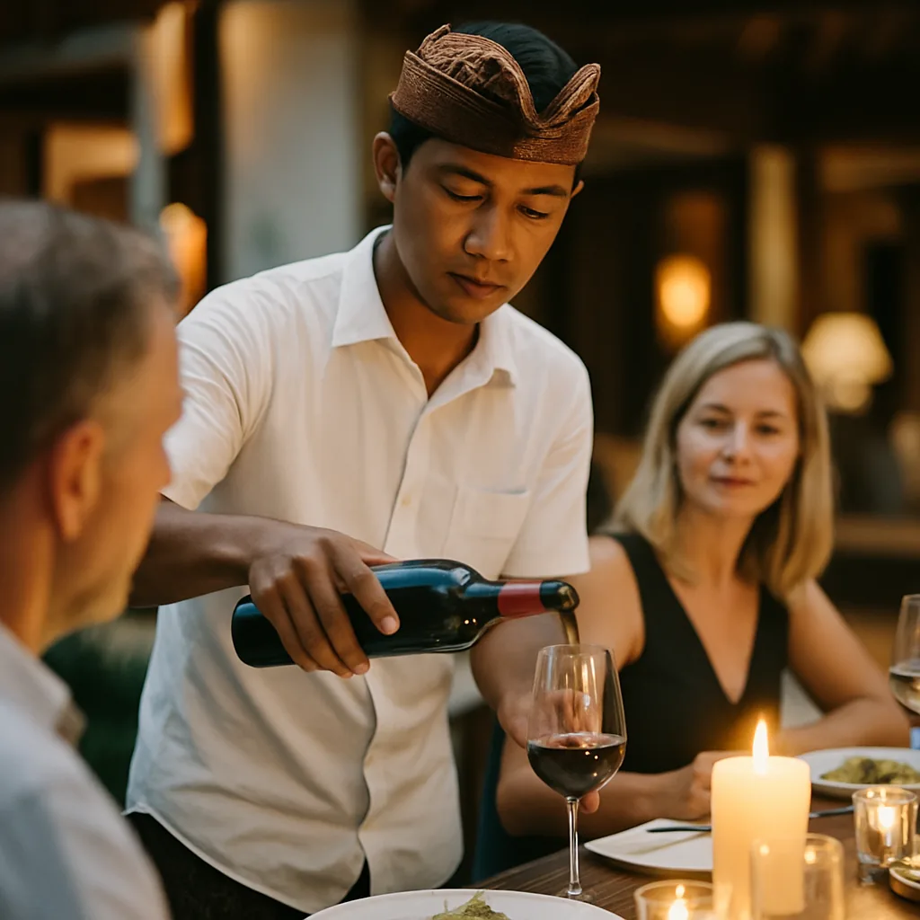 Balinese waiter pouring wine at a candlelit Bali villa dinner