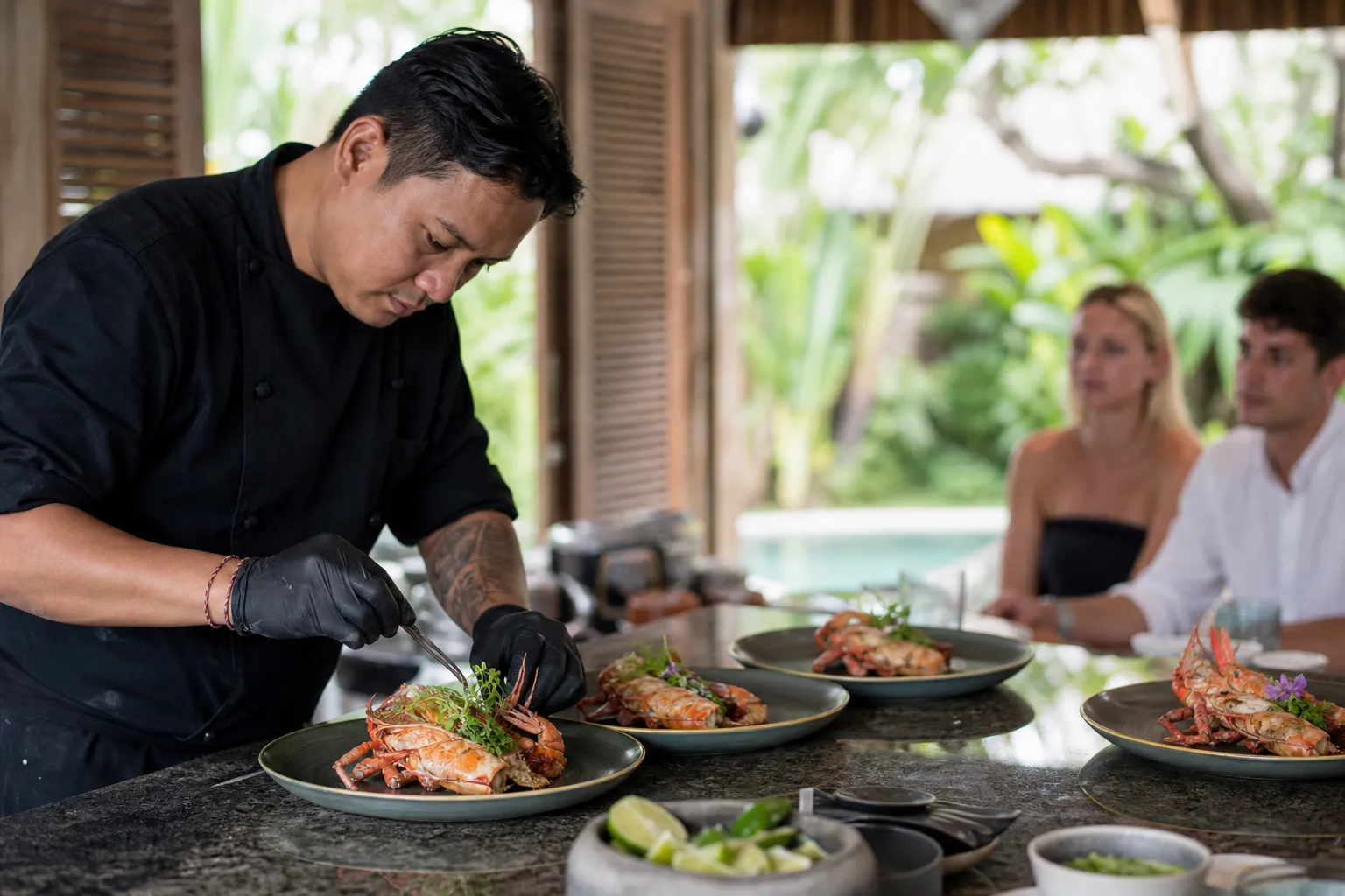 Private chef plating lunch at a stone island in a Bali villa kitchen