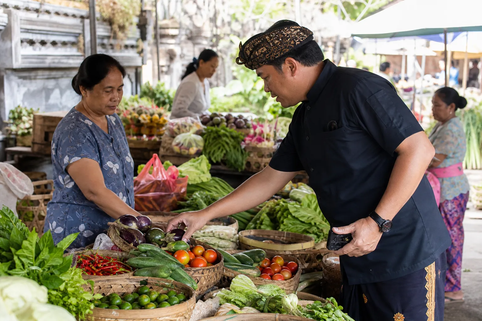 Chef selecting fresh produce at a Bali market for a villa stay