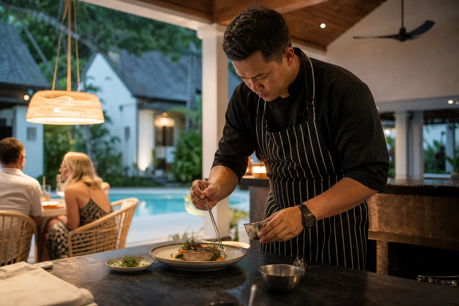 Stay chef finishing a plated dinner in an open Bali villa kitchen