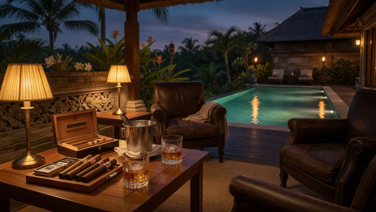 Whiskey and cigar experience at a luxury Bali villa terrace