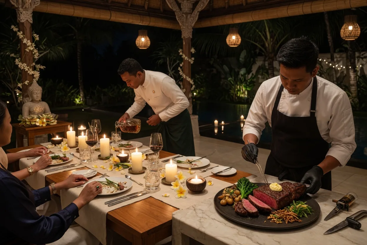 Private chef steak dinner with whiskey service at a Bali villa table