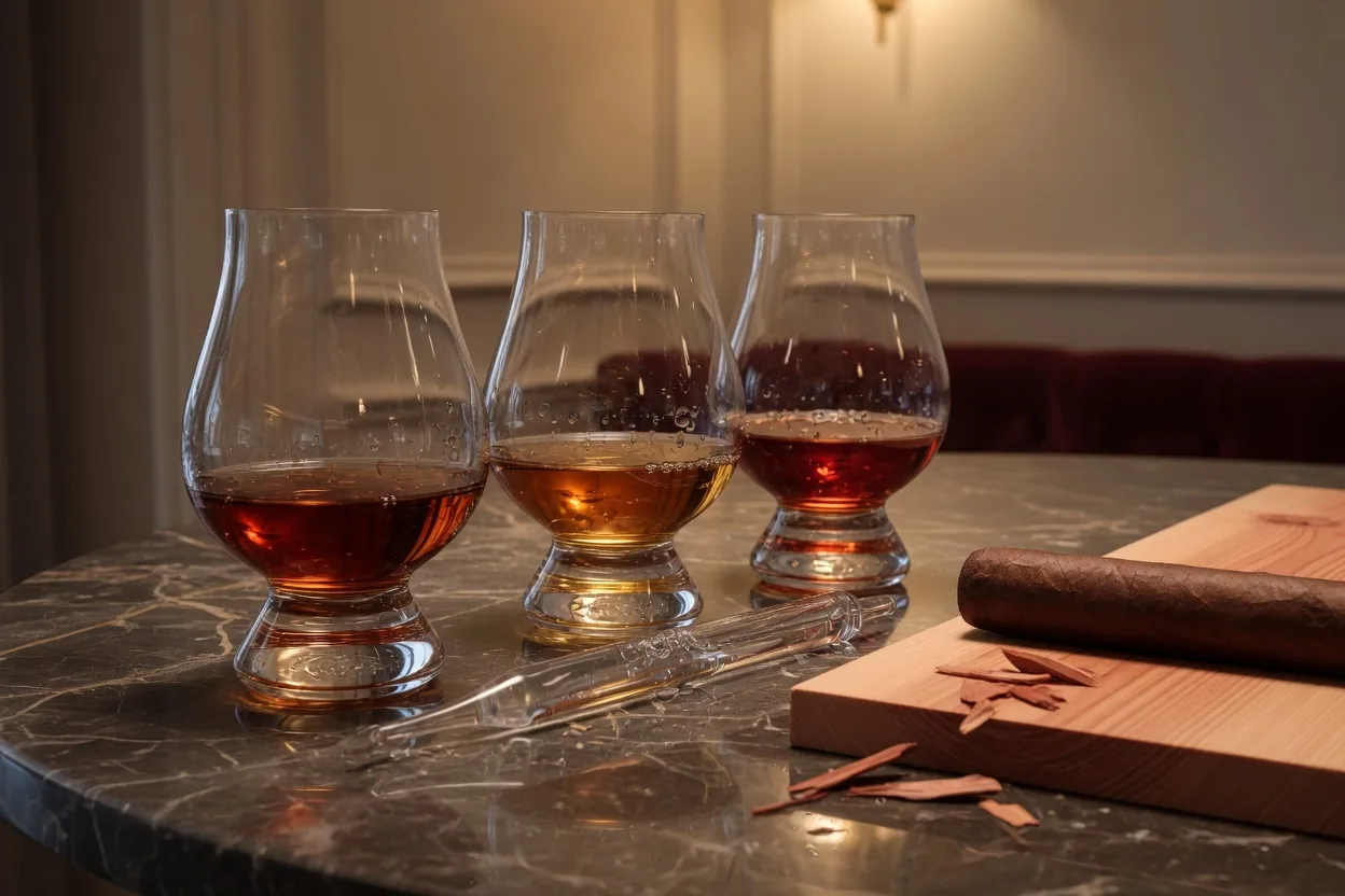Three whiskey tasting glasses with a premium cigar on a villa table